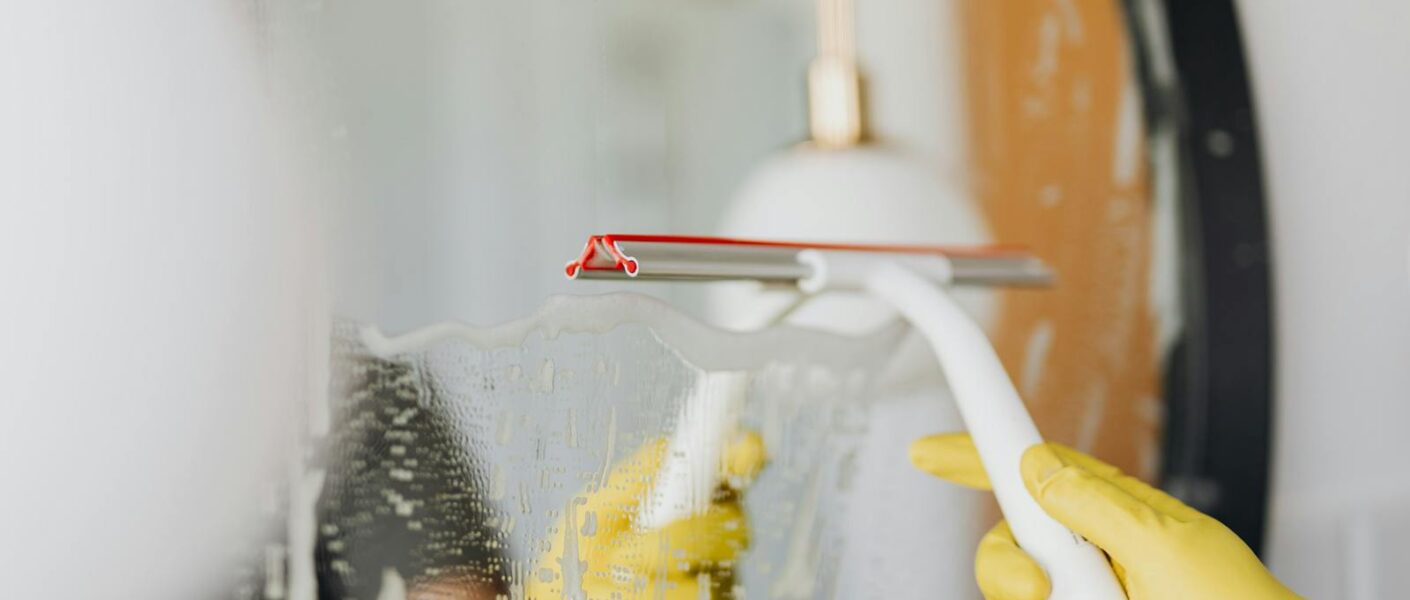 Faceless person removing water from mirror